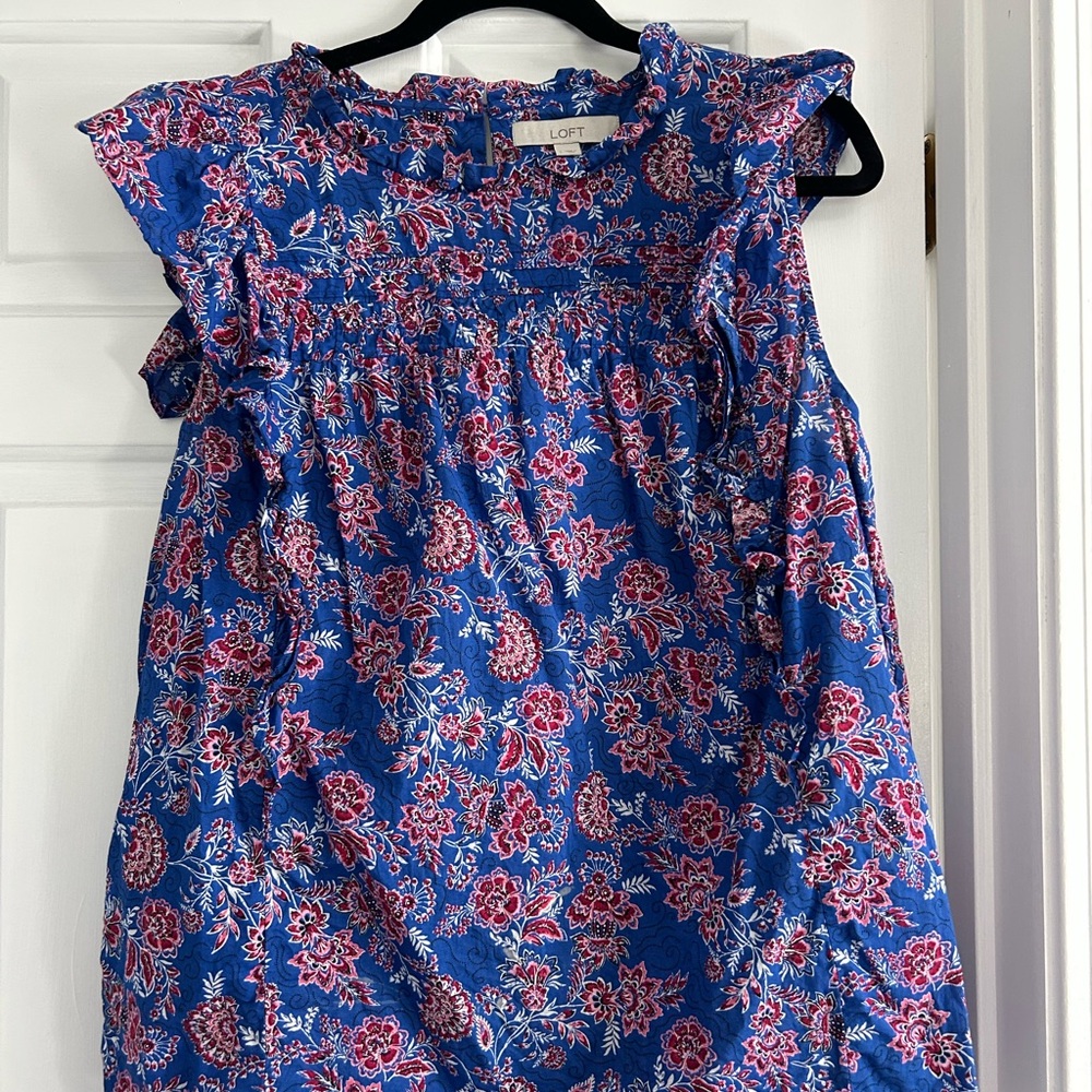 LOFT Vibrant Blue Shirt with Red Floral Design